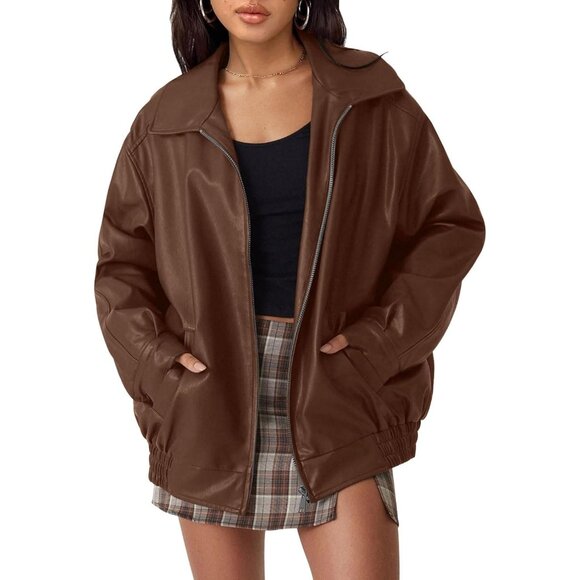 👑Women's Caramel Faux Leather Jacket Motorcycle Style Coat Stand-up Collar